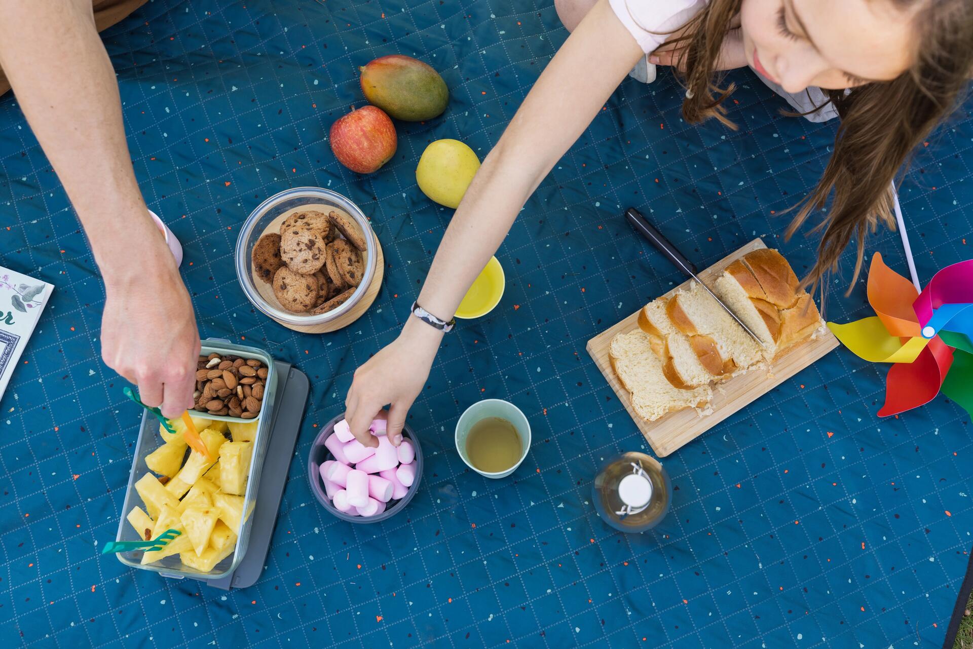 Zwei Personen auf Picknickdecke suchen sich Essen aus.