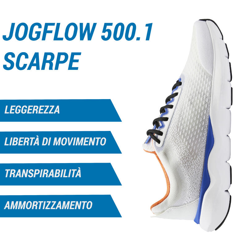 Scarpe running uomo JOGFLOW 500.1 bianco-azzurro-rosso