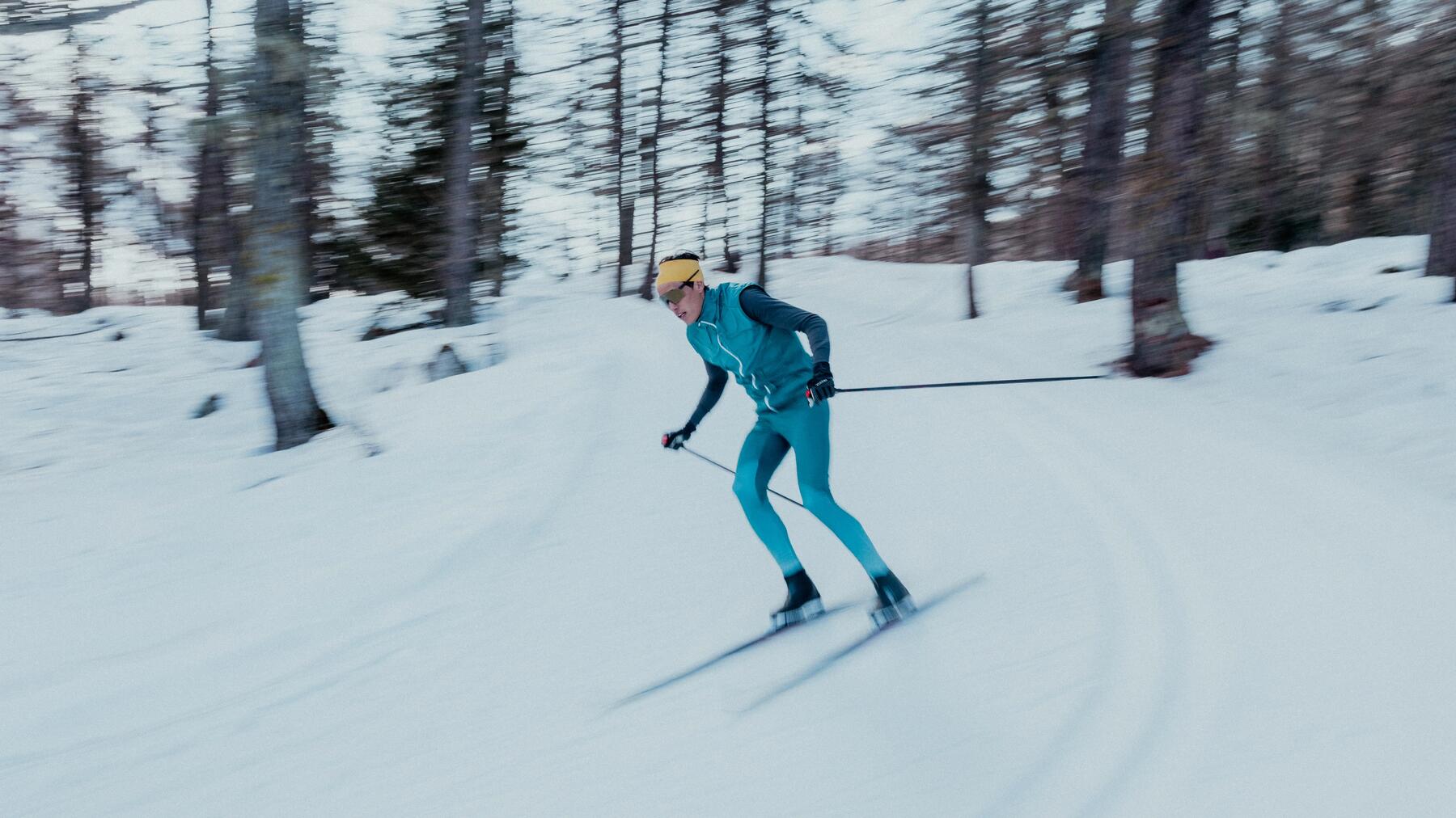 A cross-country ski trail with a view of a mountain