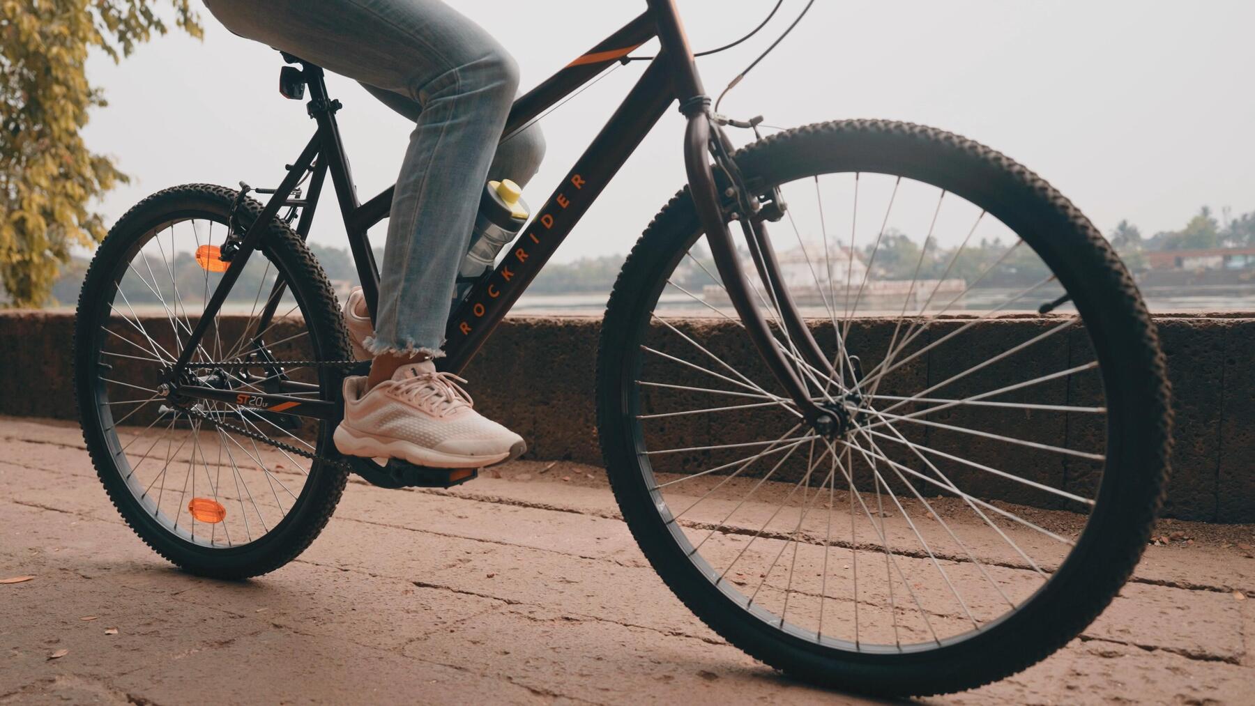 Woman taking a break from cycling to admire the countryside