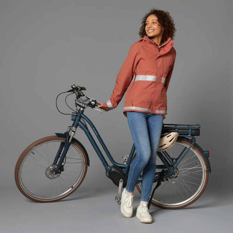 Ciepła kurtka przeciwdeszczowa na rower miejski damska Btwin 540 odblaskowa