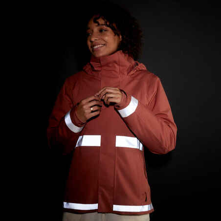 Women's City Cycling Night Visibility Warm Rain Jacket 540 - Terracotta