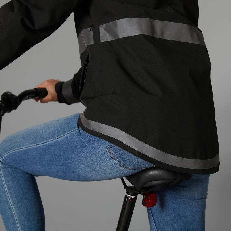 Chaqueta Ciclismo Urbano 540 Mujer Negro Visibilidad Nocturna Cálida Impermeable