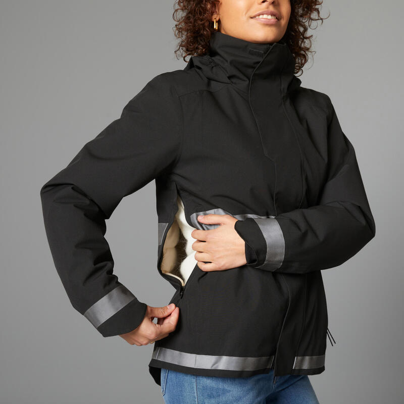 Chaqueta Ciclismo Urbano 540 Mujer Negro Visibilidad Nocturna Cálida Impermeable