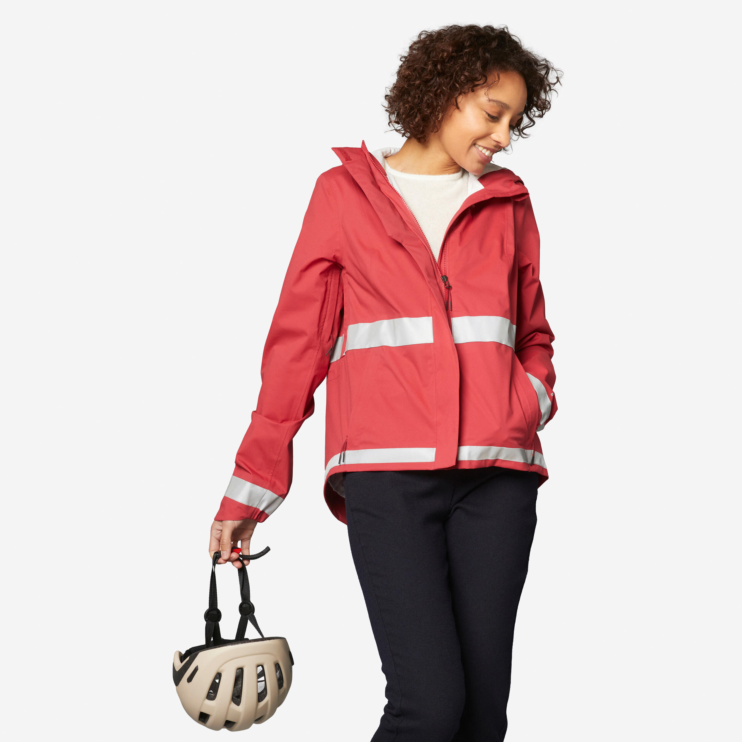 BTWIN Women's City Cycling Night Visibility Rain Jacket 540 - Red