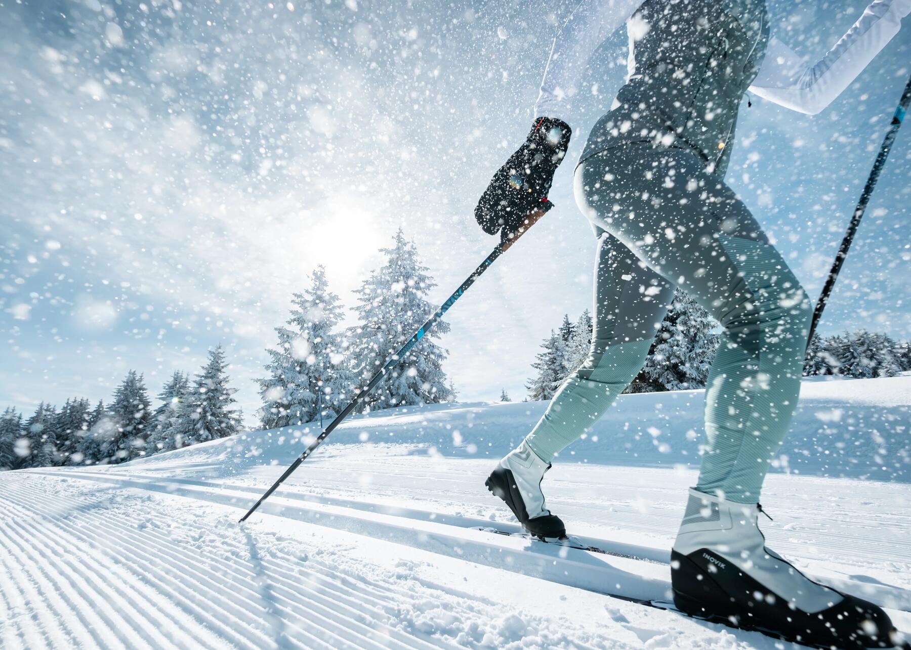 close-up of person cross-country skiing
