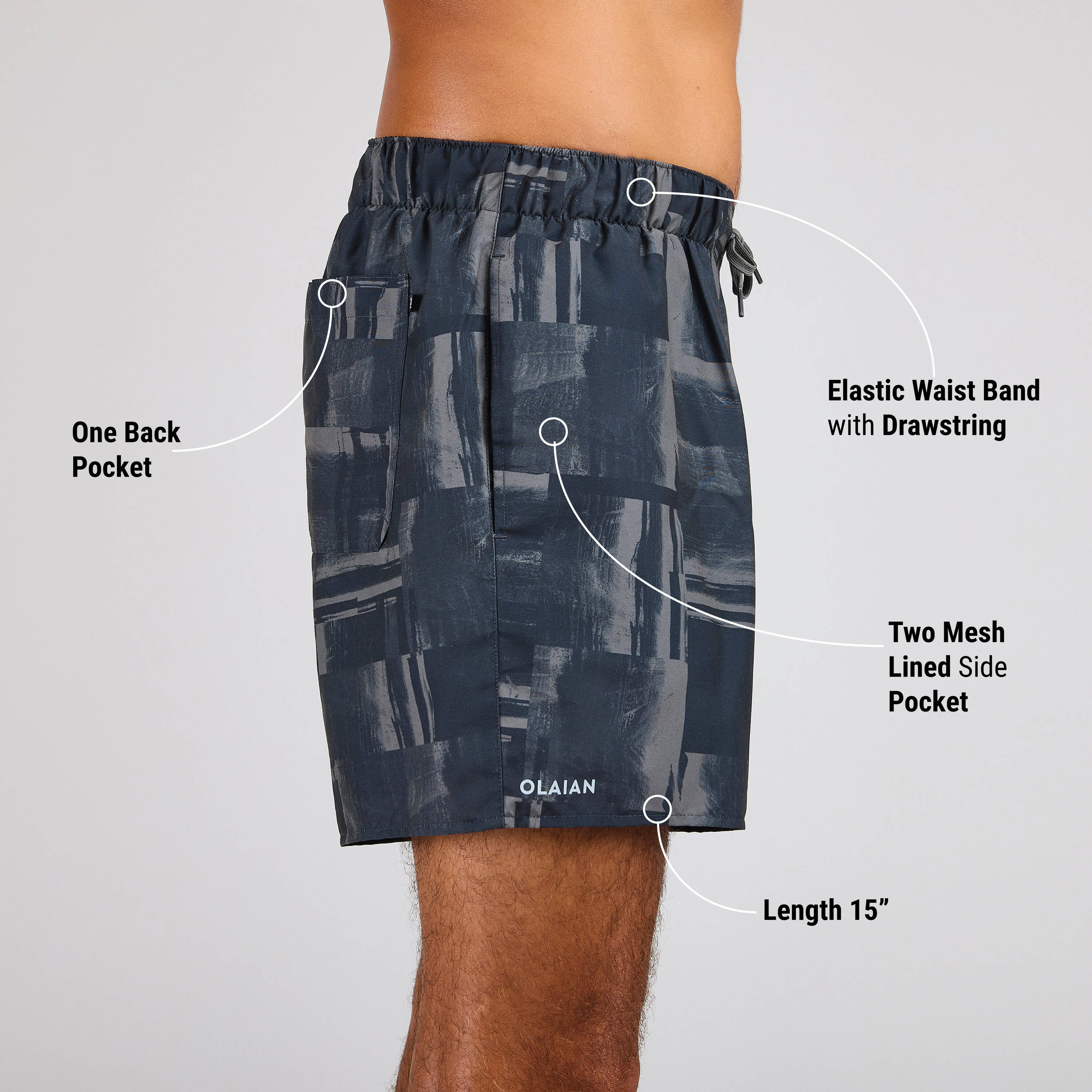 Men Surfing boardshorts 100 15"  STRATE BLACK -  3