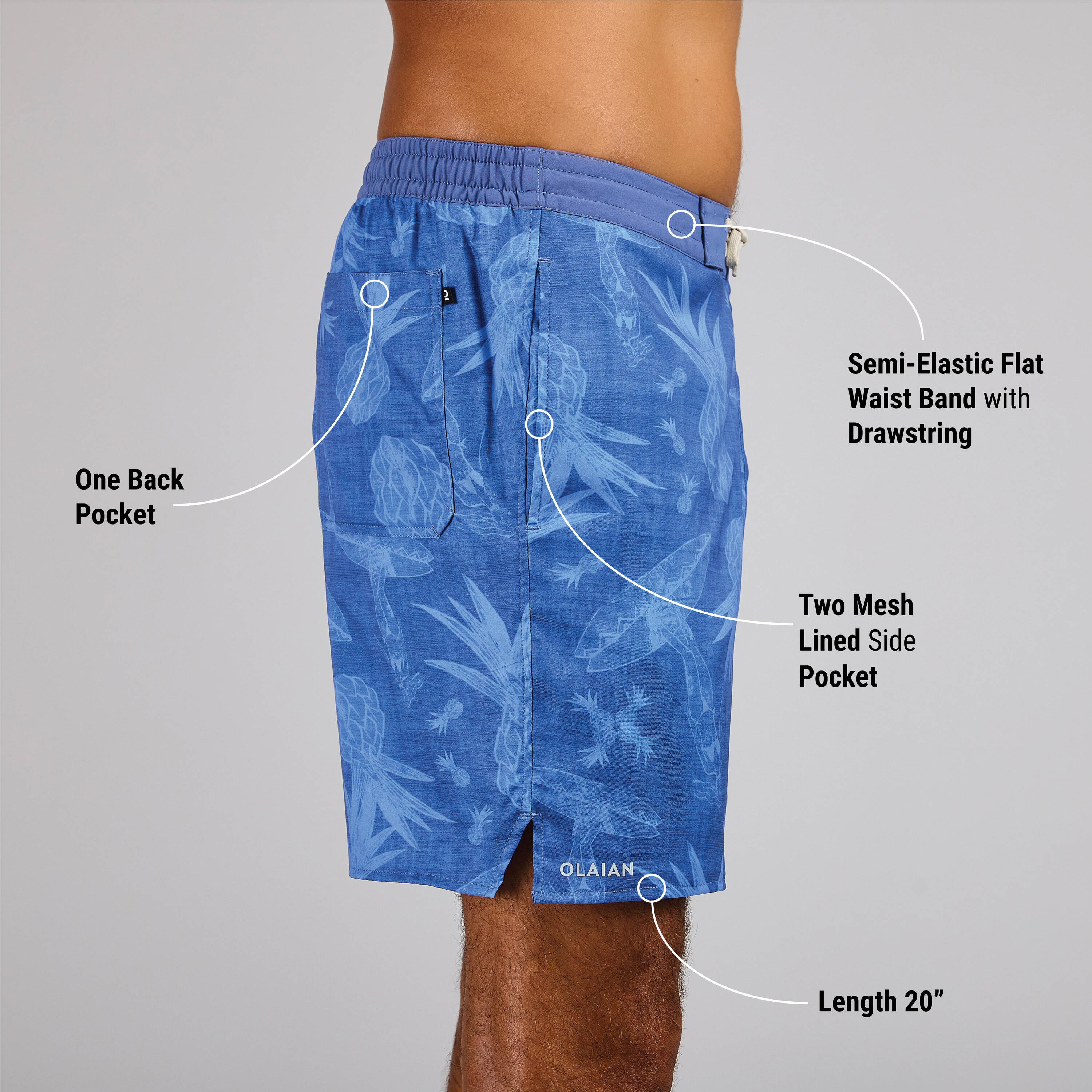 Men’s surfing boardshorts mid-length swim shorts 18”, 100 Supagirl blue -  2