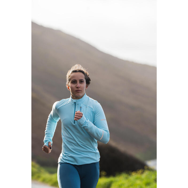 Maglia manica lunga  running donna KIPRUN WARM LIGHT azzurra