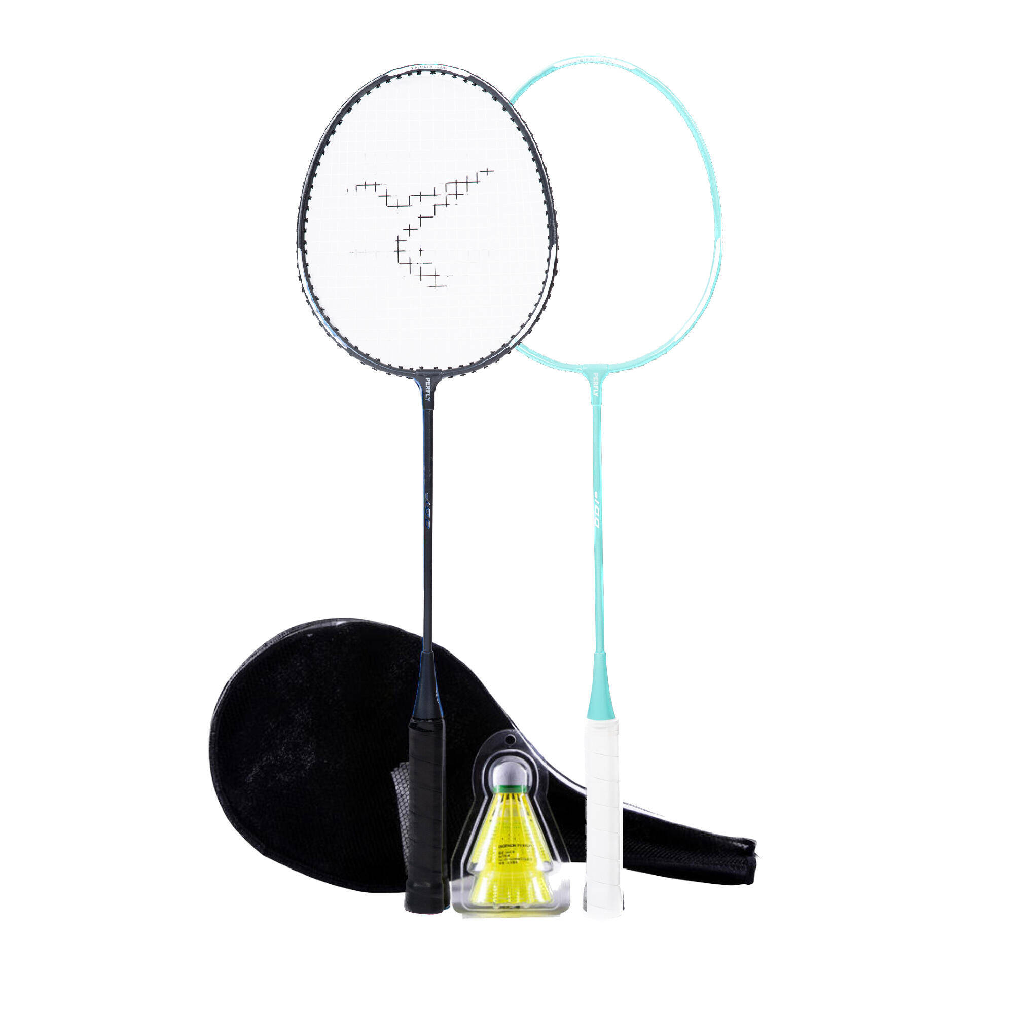 Adult Badminton Racket BR 100 Set Starter Black Green -  1