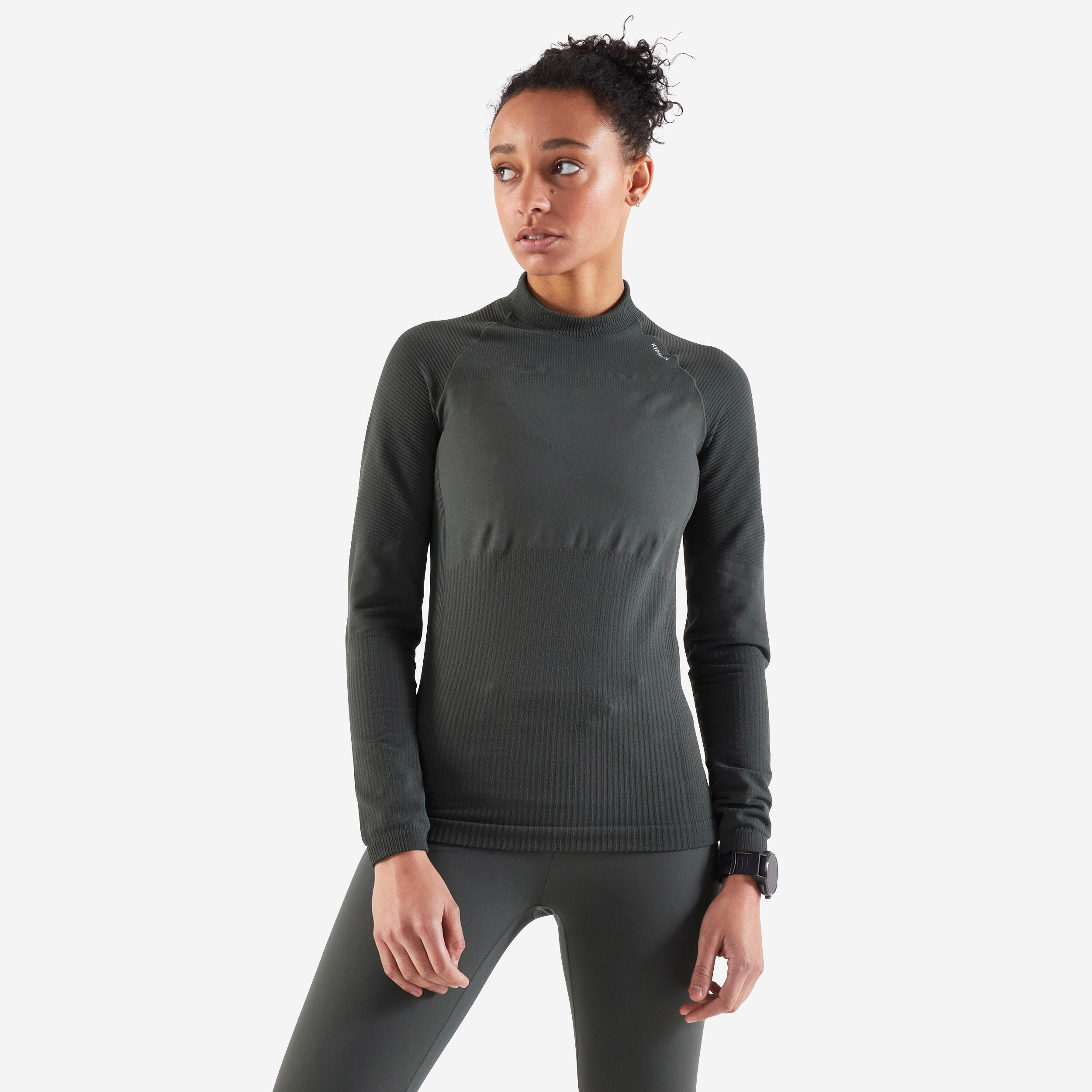 WOMEN'S LONG-SLEEVED SEAMLESS RUNNING TEE SHIRT - KIPRUN SKINCARE KHAKI