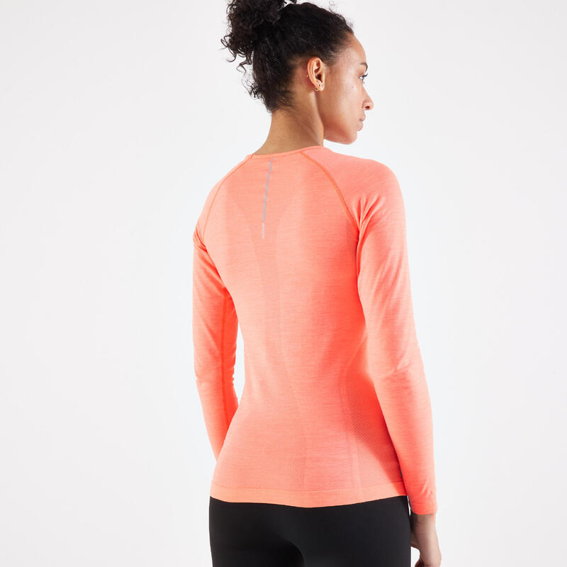 Maglia manica lunga running donna KIPRUN SKINCARE LIGHT corallo