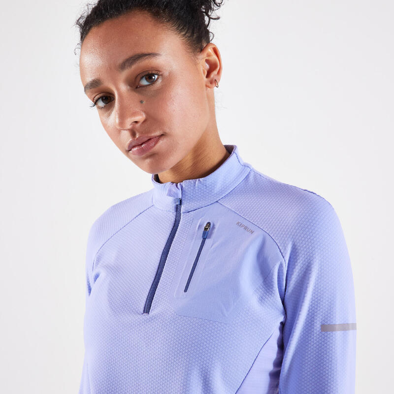 Maglia manica lunga running donna KIPRUN WARM LIGHT viola chiaro