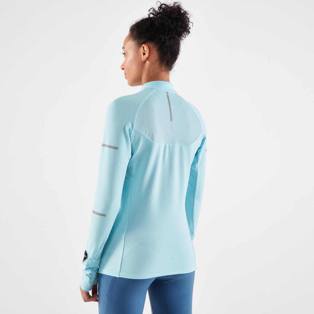 KIPRUN Run 500 Warm Women's Running Long-Sleeved T-Shirt 1/2 Zip - Sky blue