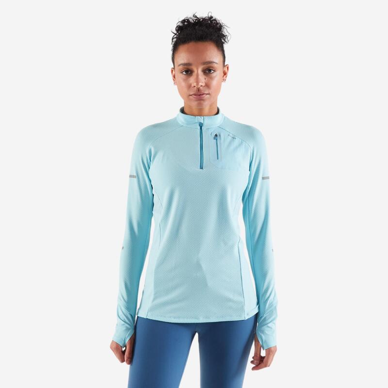 T-shirt 1/2 zip manches longues de running Femme - KIPRUN Run 500 Warm Bleu ciel