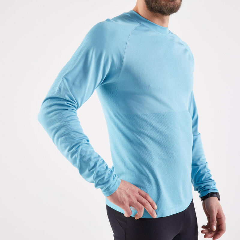 T-SHIRT RUNNING HOMME RESPIRANT MANCHE LONGUE - KIPRUN BLEU VERT