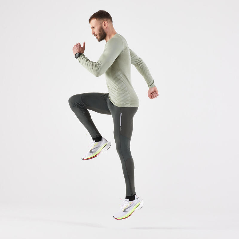 T-shirt de running manches longues slim Homme - KIPRUN Run 500 Sans couture Kaki