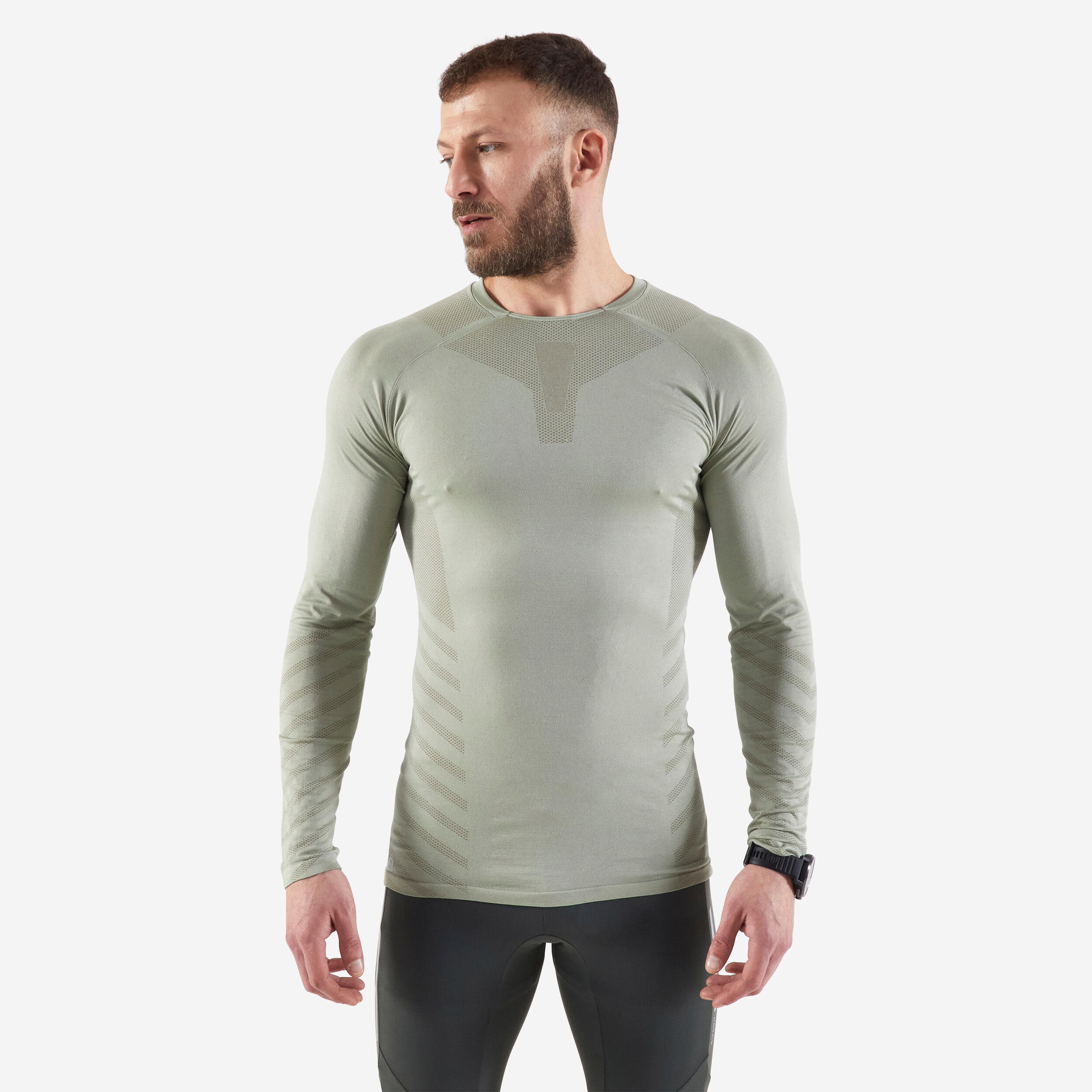 Uomo  KIPRUN Maglietta da running slim-fit a maniche lunghe - Run 500 Seamless Khaki