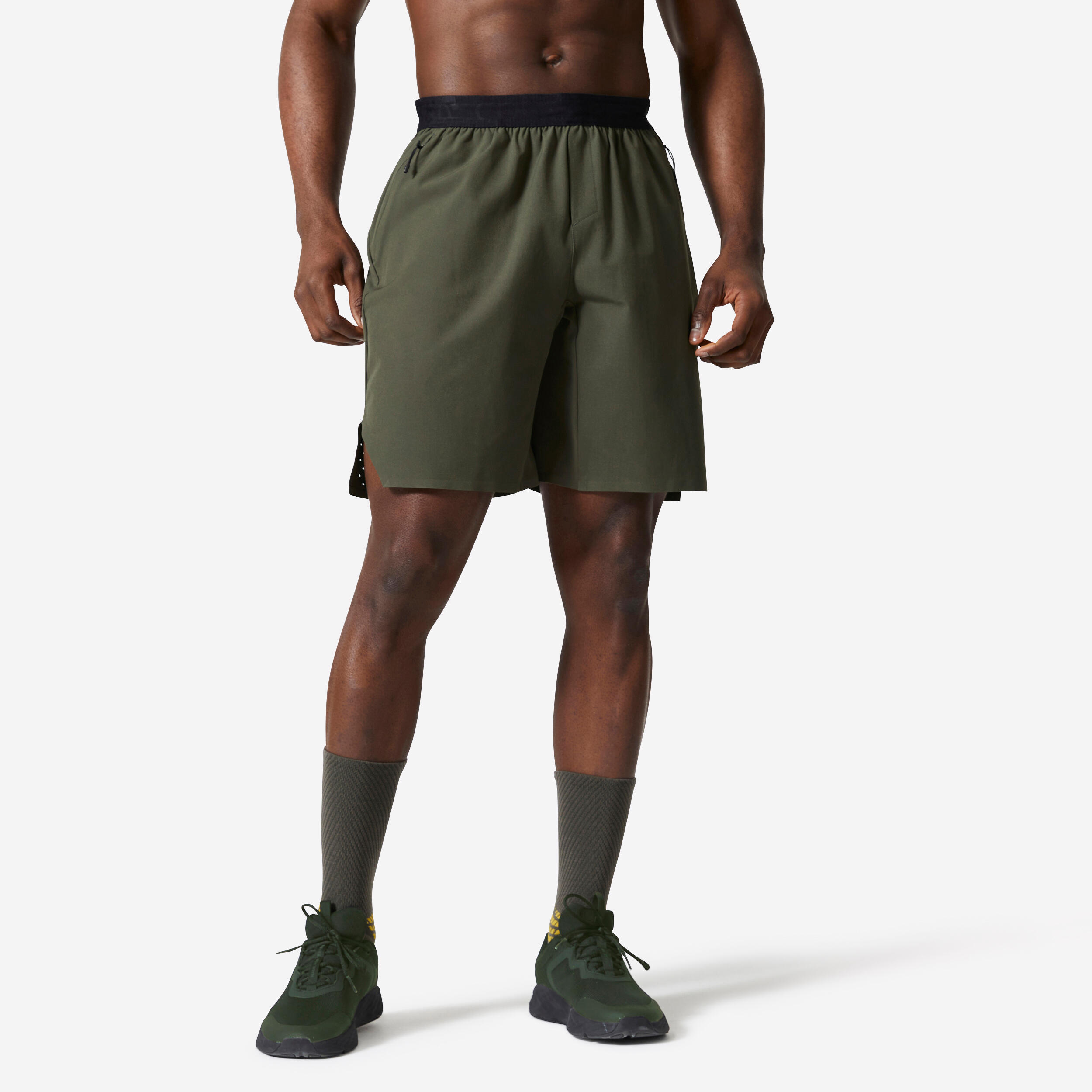 Men's Breathable Performance Cross Training Shorts with Zipped Pockets - Khaki 1/5
