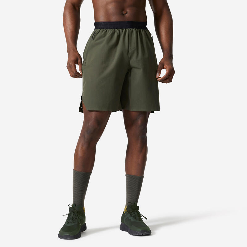 Pantaloncini uomo fitness traspiranti con tasche verde militare