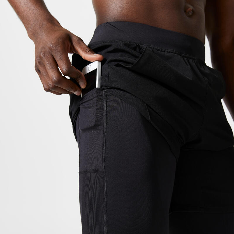 Pantaloncini 2 in 1 uomo palestra 500 traspiranti con tasca con zip neri