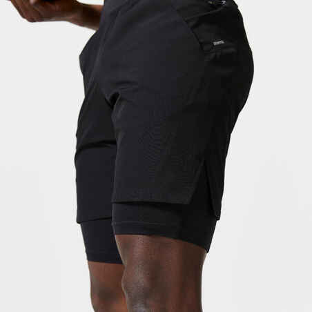 מכנסי ספורט כפולים, קצרים ונושמים לגברים, עם כיס רוכסן - שחור