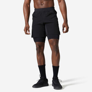 Pantalón Corto Fitness Hombre Negro 2 En 1 Transpirable Bolsillo Cremallera