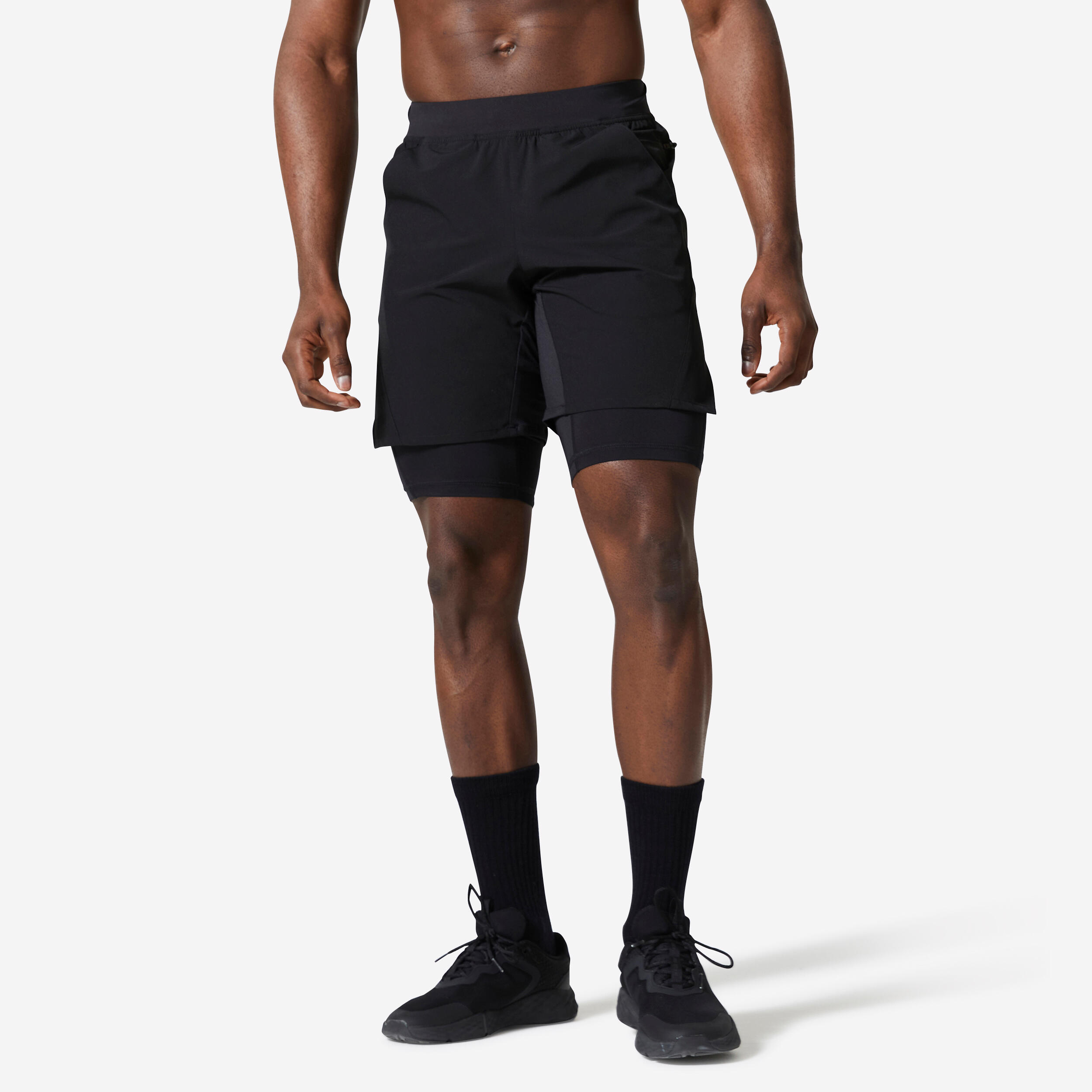 Pantalon scurt respirant 2 în 1 500 Fitness buzunare cu fermoar Negru Bărbați