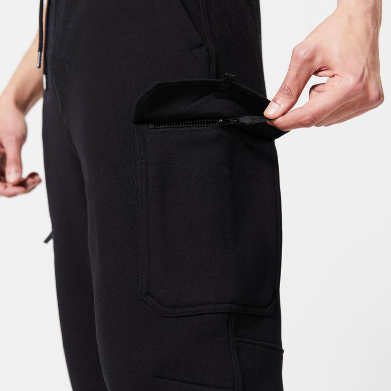 Pantaloni tuta uomo palestra 520 regular fit felpati cargo neri