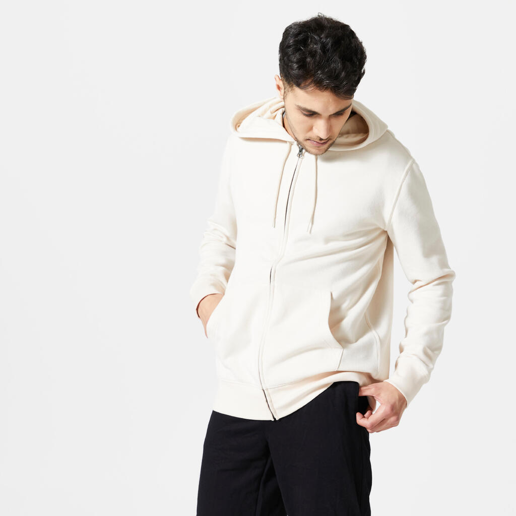 Men's Fleece Zip-Up Fitness Hoodie - Cream Beige