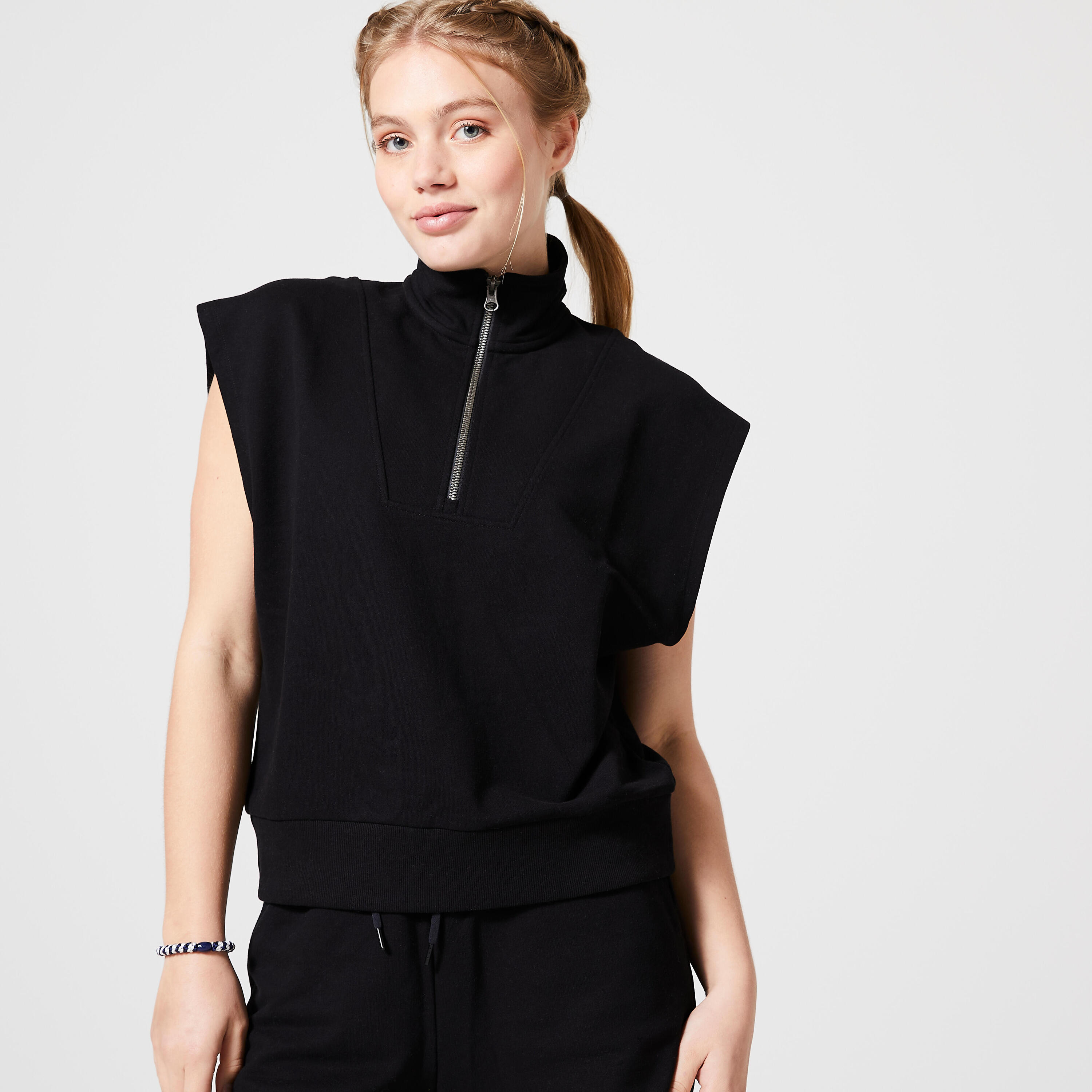 DOMYOS Felpa donna fitness 520 misto cotone smanicata con zip nera