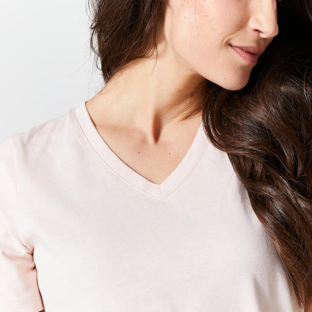 T-shirt col V fitness en coton femme, bleu
