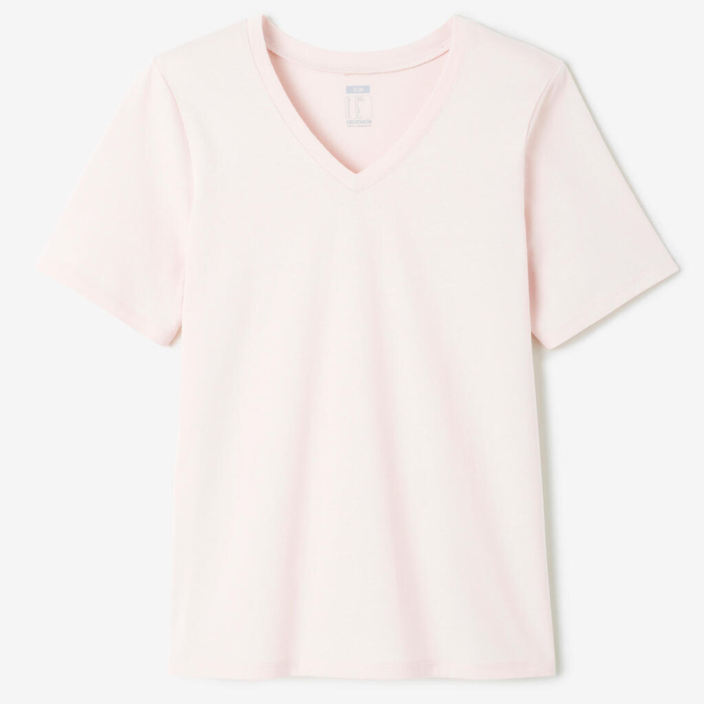 T-shirt col V fitness en coton femme, bleu