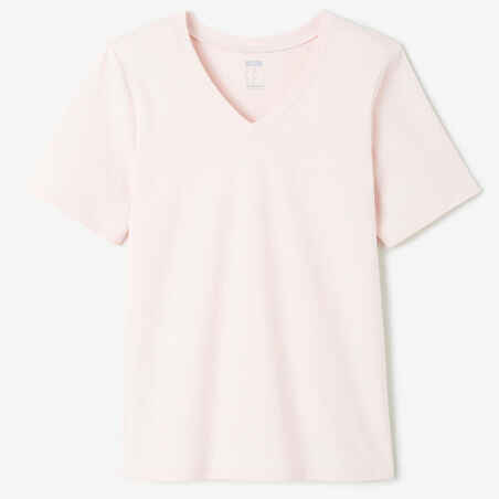 Moteriški kūno rengybos marškinėliai su V formos iškirpte „500“, rožiniai