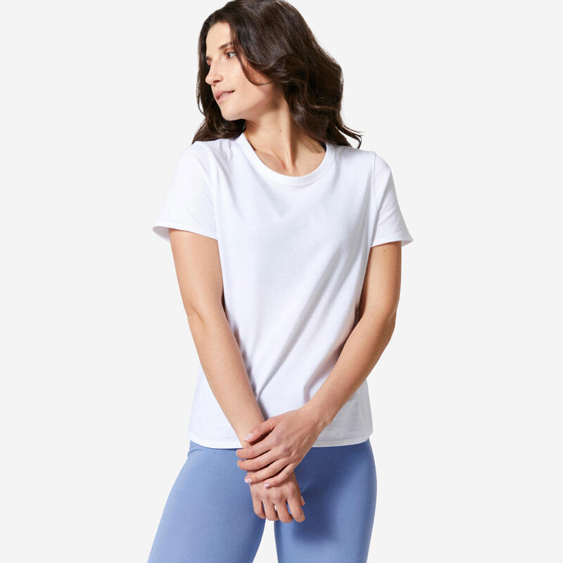 T-shirt bianca donna palestra 100 regular fit 100% cotone DOMYOS