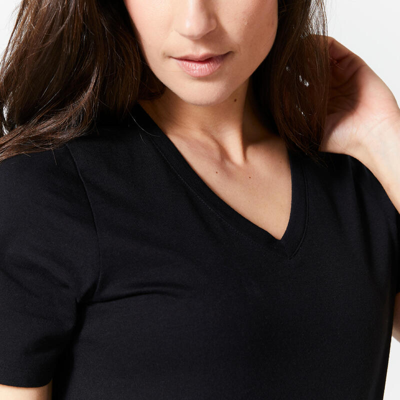 T-shirt nera donna palestra 500 slim fit 100% cotone