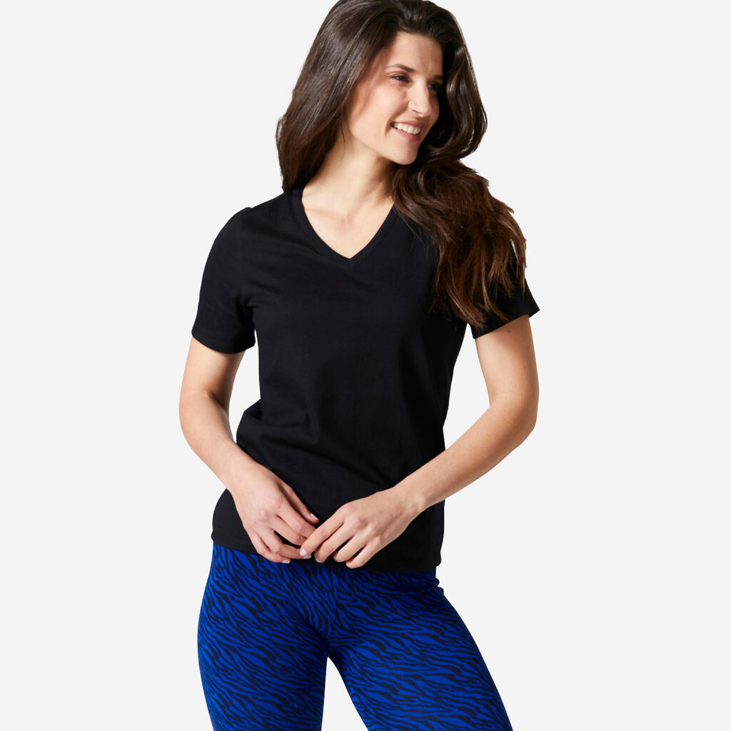 Γυναικείο t-shirt για fitness 500 με ντεκολτέ v - μαύρο