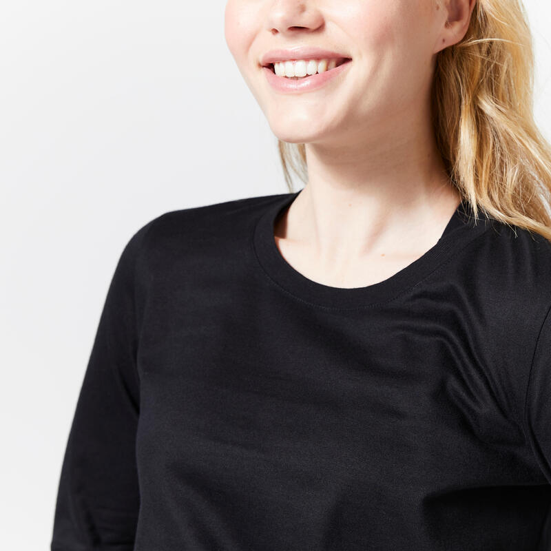 T-shirt manica lunga nera donna palestra 100 regular fit 100% cotone