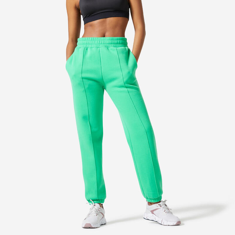 Pantalones Fitness 500 Mujer Verde Forro Polar Cálidos