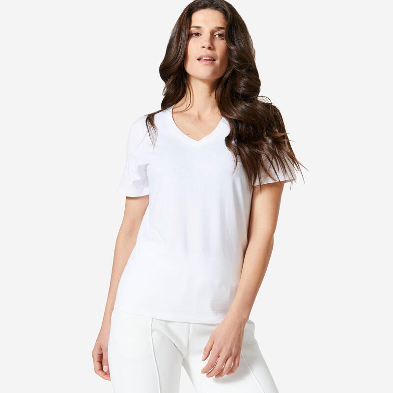 T-shirt com Decote em V de Fitness Mulher 500 Branco