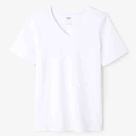 Moteriški kūno rengybos marškinėliai su V formos iškirpte „500“, balti