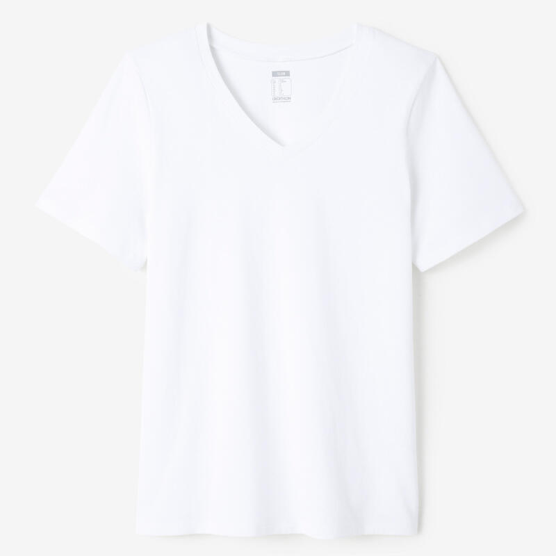 T-shirt com Decote em V de Fitness Mulher 500 Branco