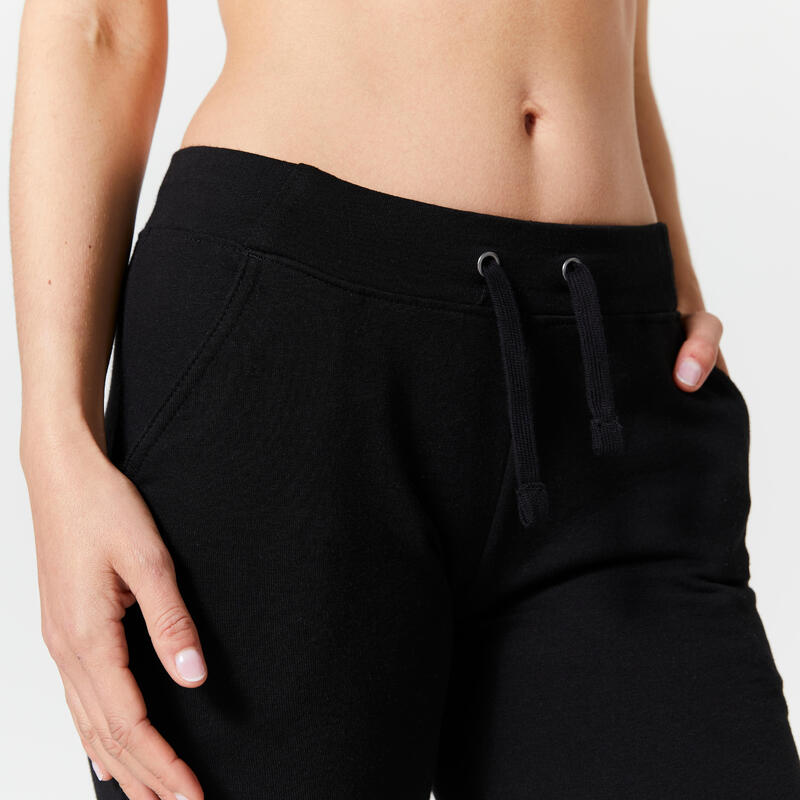 Pantaloni donna fitness 500 slim misto cotone neri