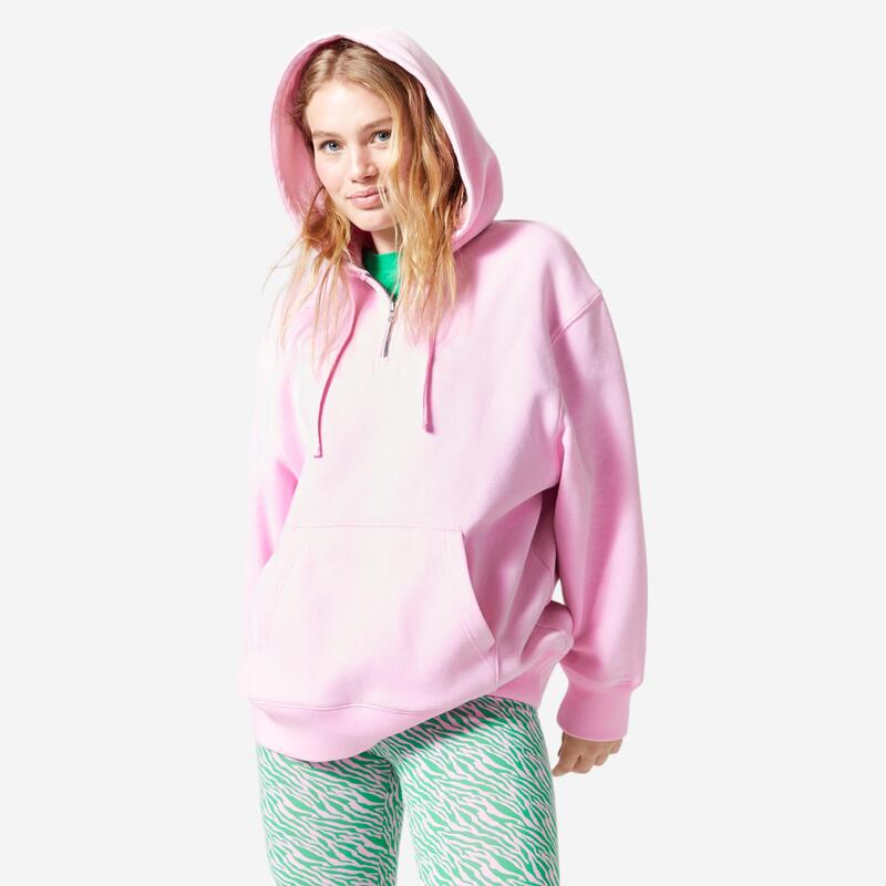 Sweatshirt Comprida com Capuz Fitness Mulher 520 Rosa-claro