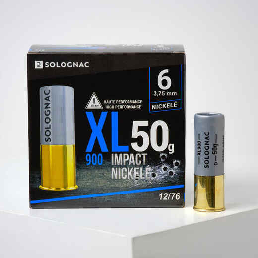 
      XL900 50 g IMPACT CARTRIDGE CALIBRE 12/76 NICKEL PLATED SHOT N° 6 X 25
  