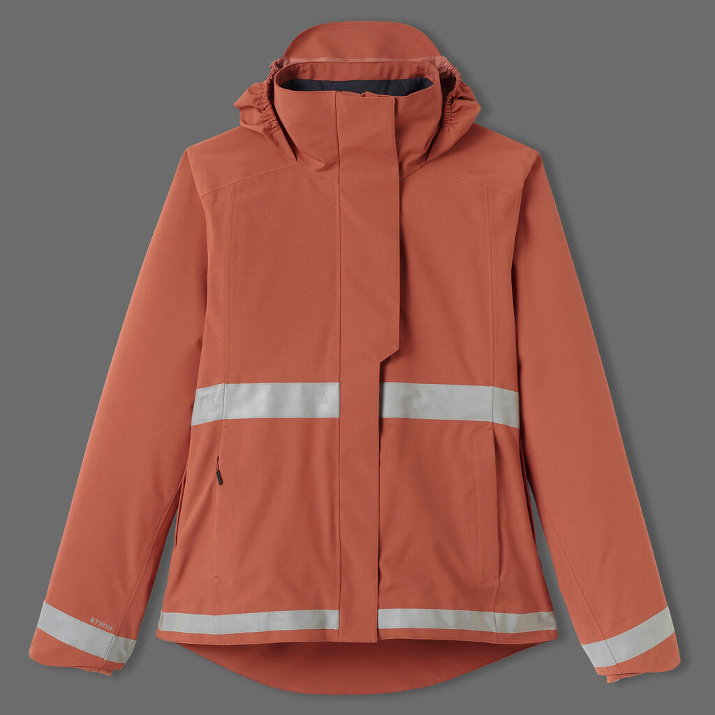 Women's City Cycling Night Visibility Warm Rain Jacket 540 - Terracotta