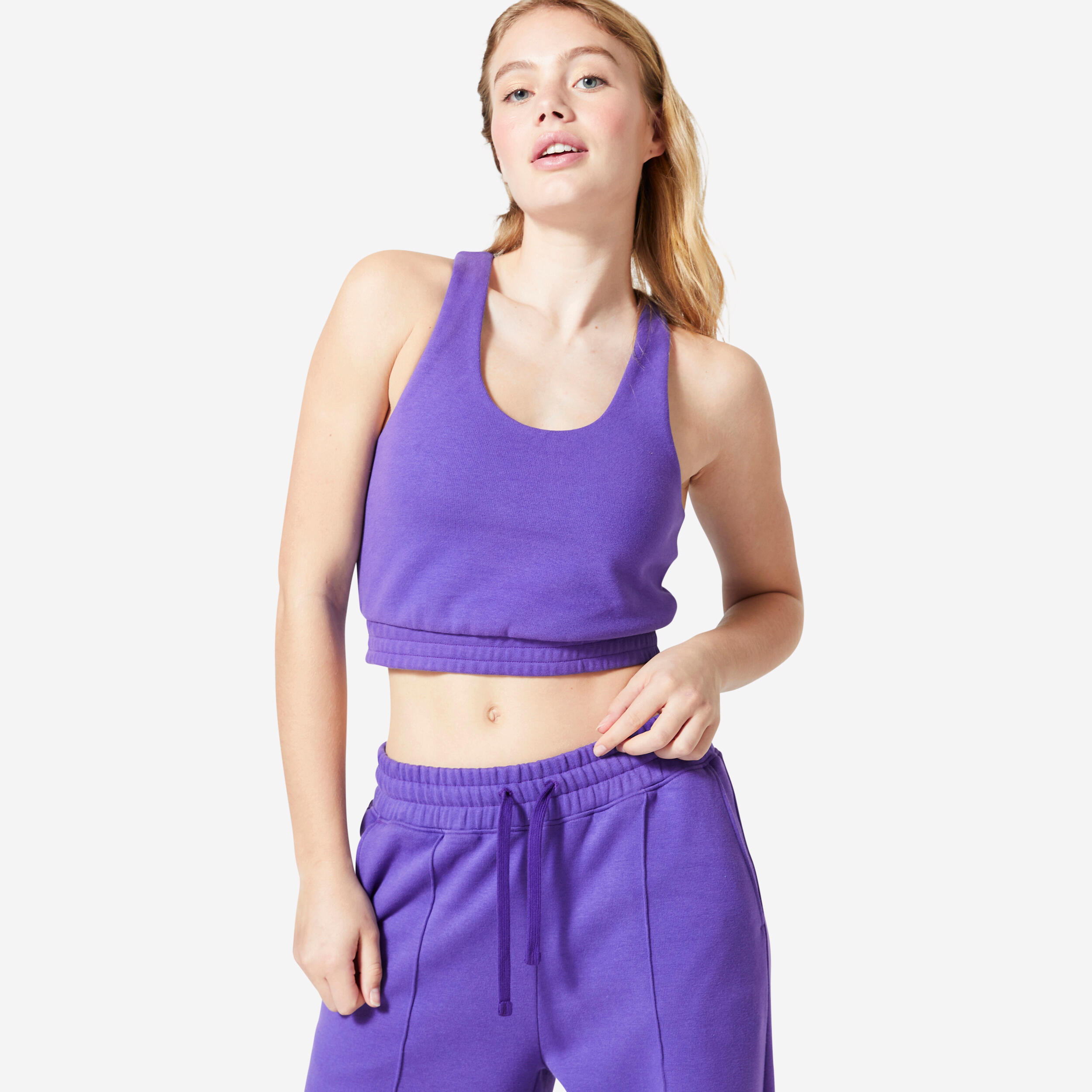 DOMYOS Dámske crop tielko na fitness 520 z moltonu fialové XL
