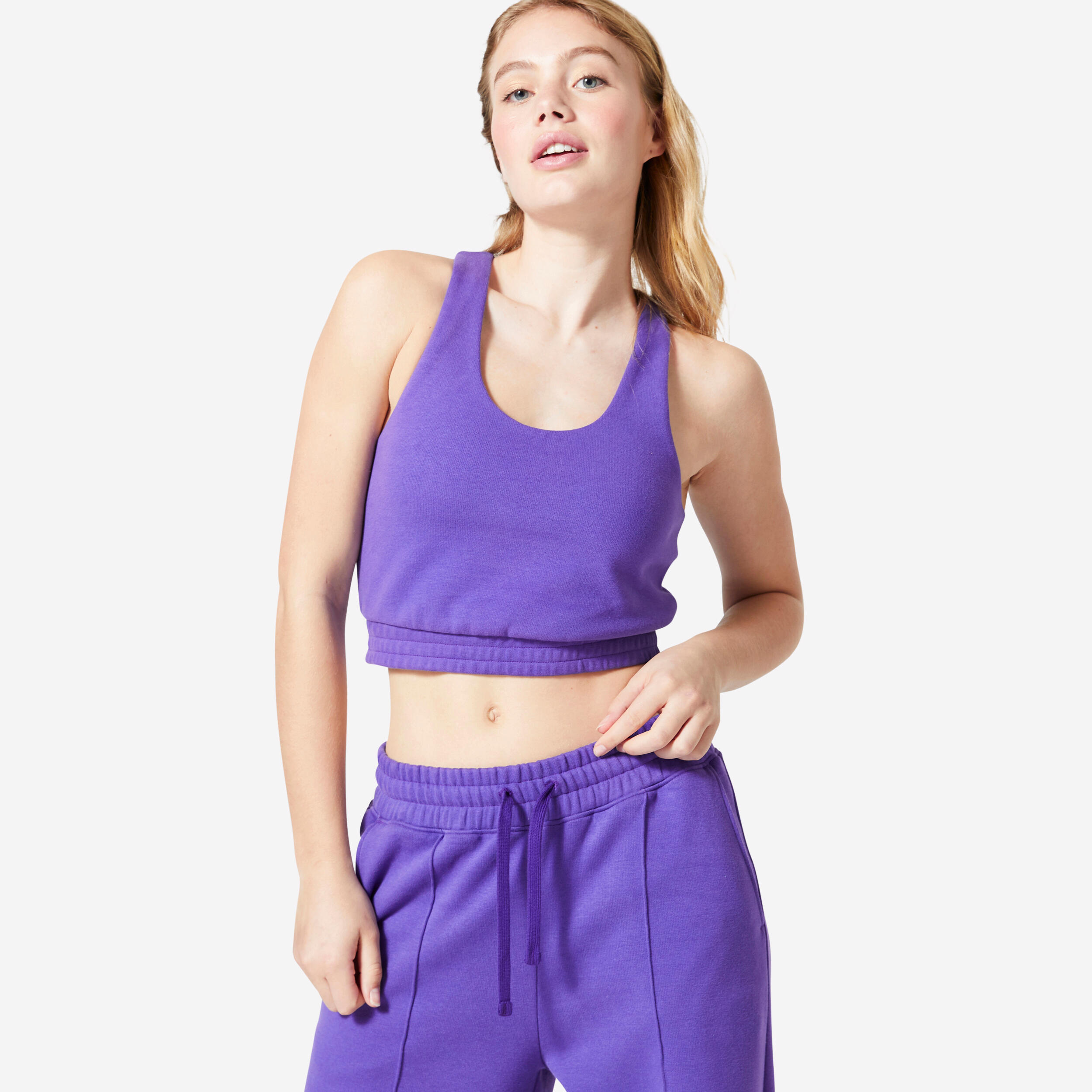 débardeur crop en molleton fitness femme - 520 violet - domyos