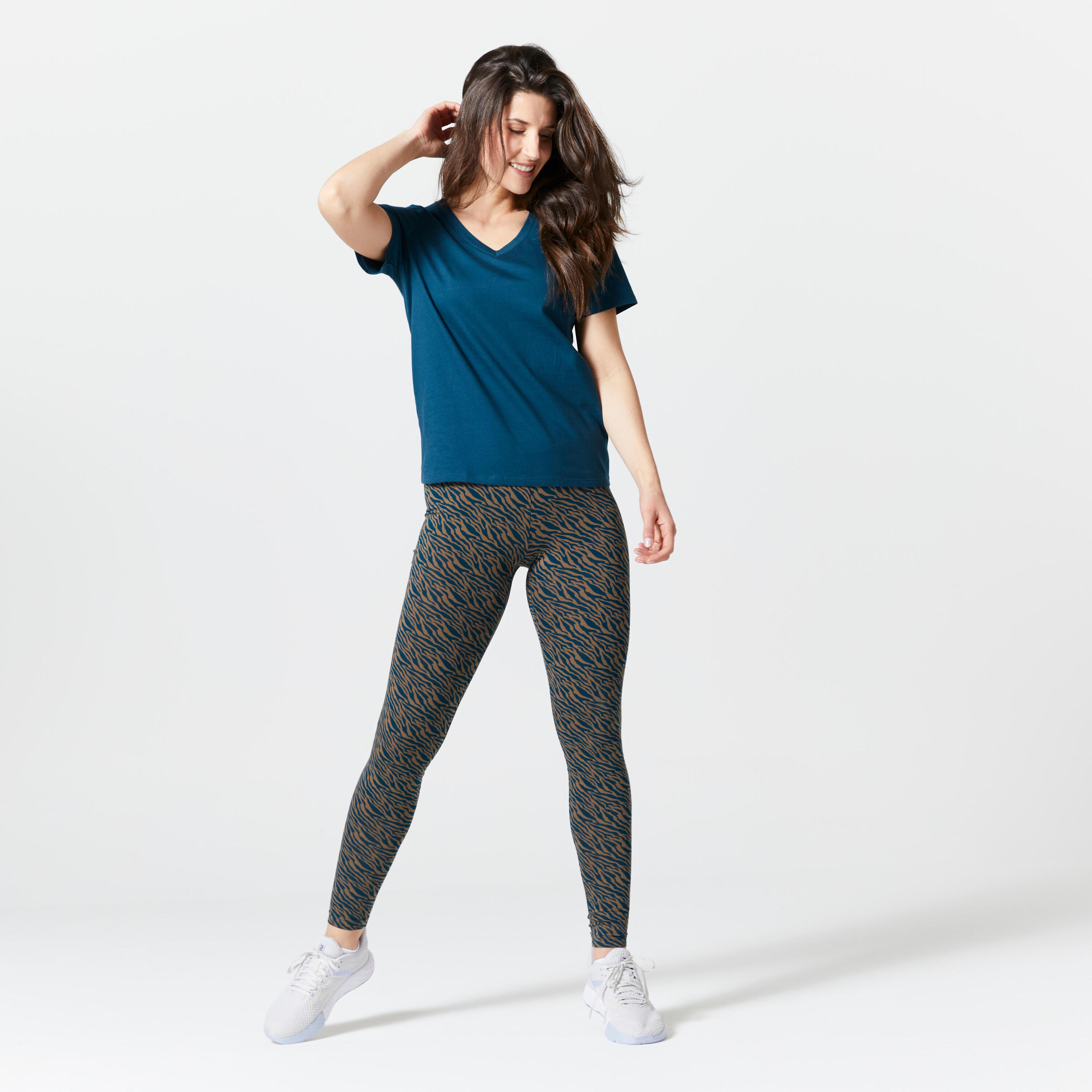 Women's Slim-Fit Fitness Leggings Fit+ 500 - Blue/Turquoise Print 2/5