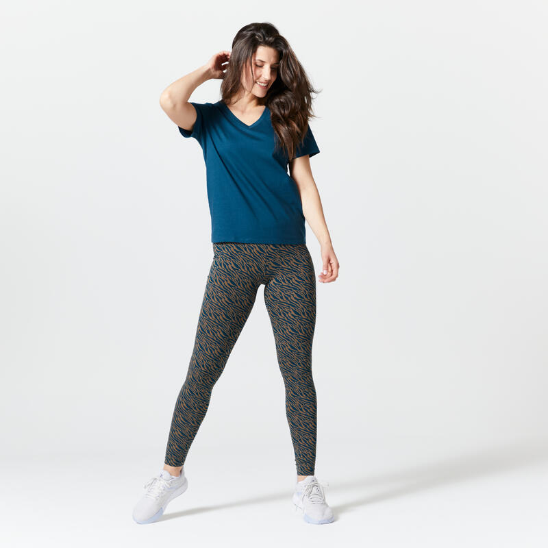 Legging slim Fit+ Fitness Femme - 500 Imprimé Bleu turquoise